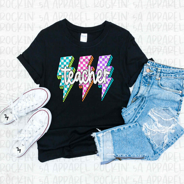 Neon Check Bolts Teacher Tee